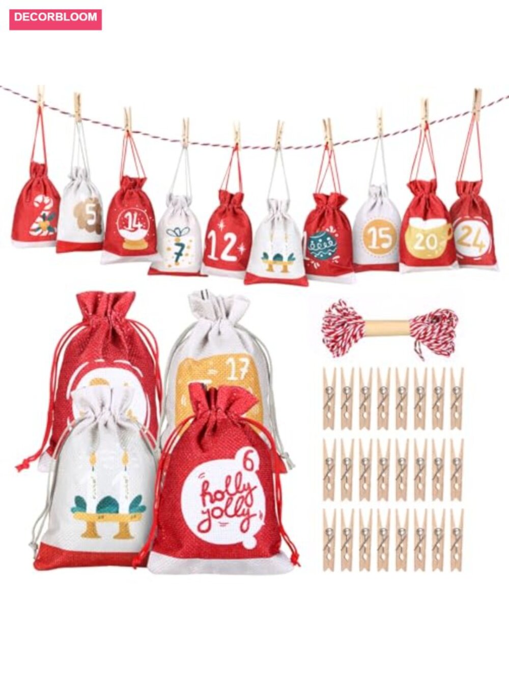 24Pc Fillable Burlap Advent Calendar Bags with Clips & Rope Christmas Countdown